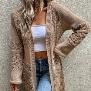Camel Casual Women's Pointelle Knit Design Long Sleeve Cardigan